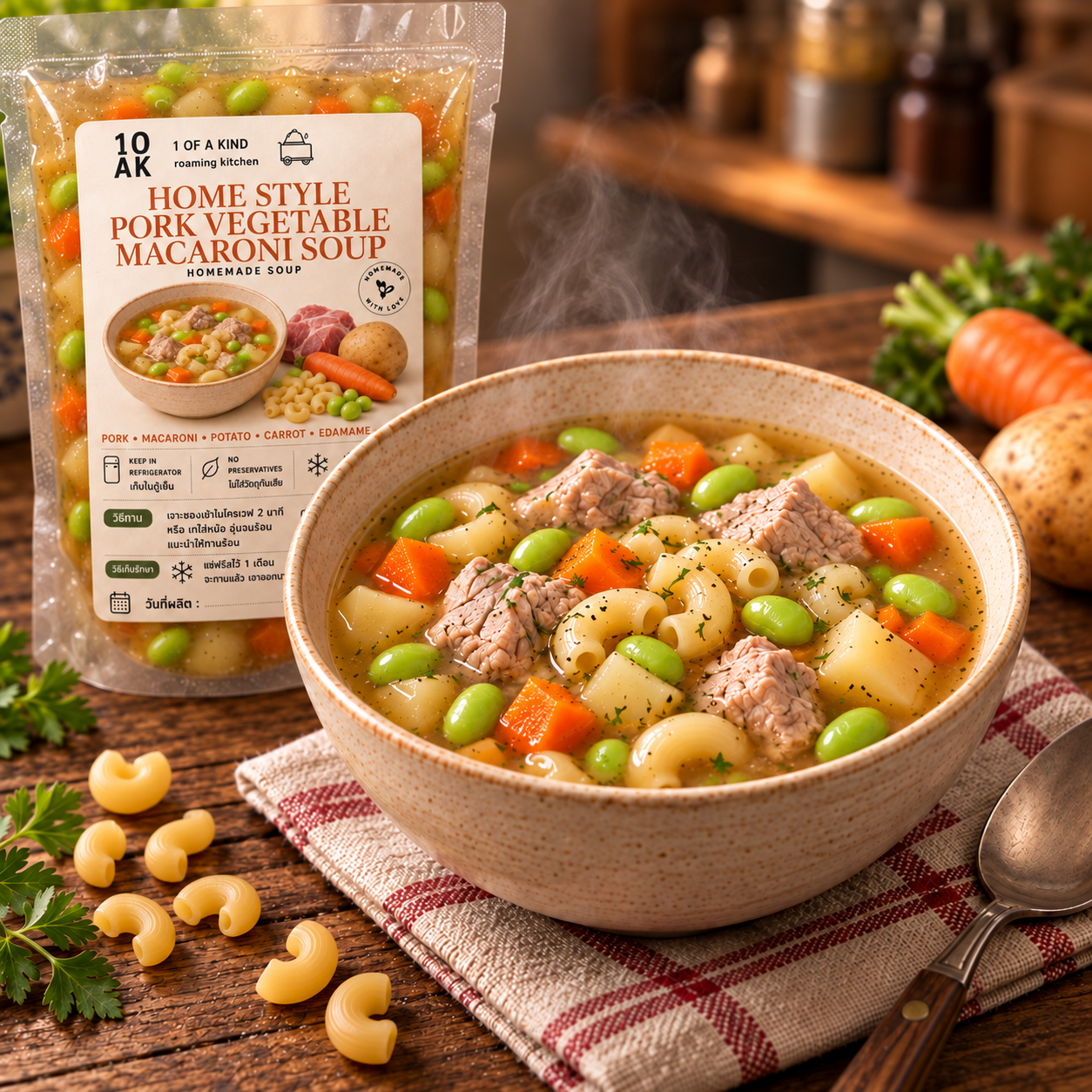 Home style pork vegetable macaroni soup